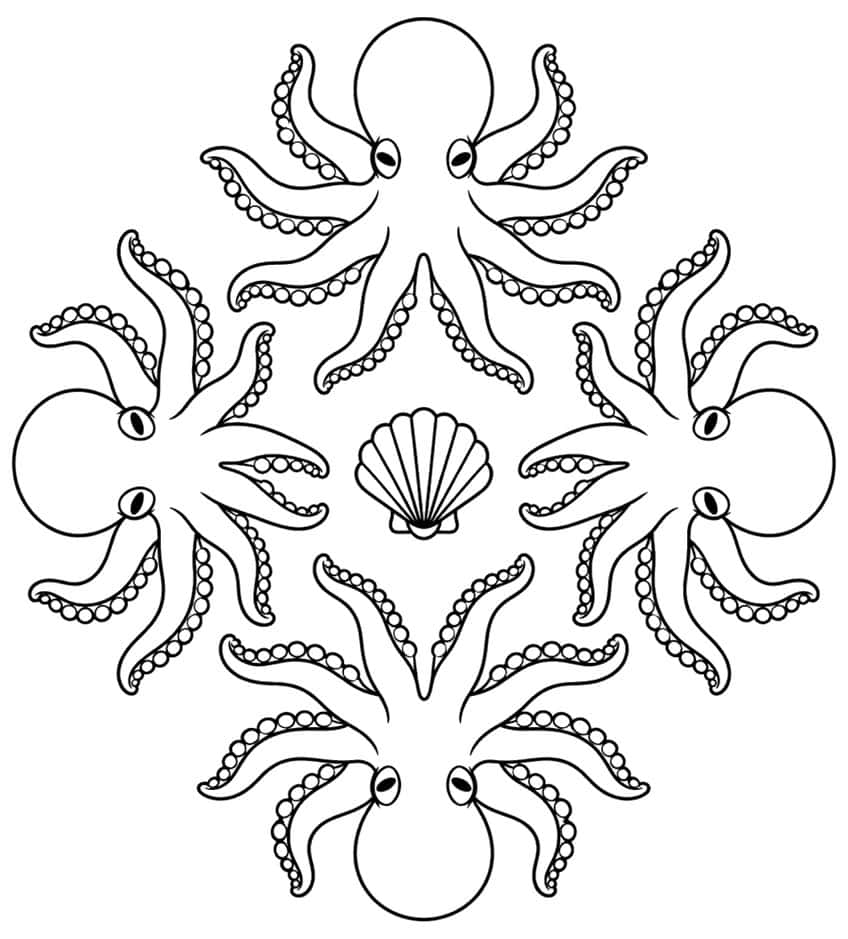 Symmetrical wreath of four octopuses with curling arms around a central scallop shell