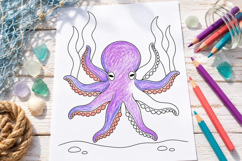 octopus coloring page partly colored in with pencils
