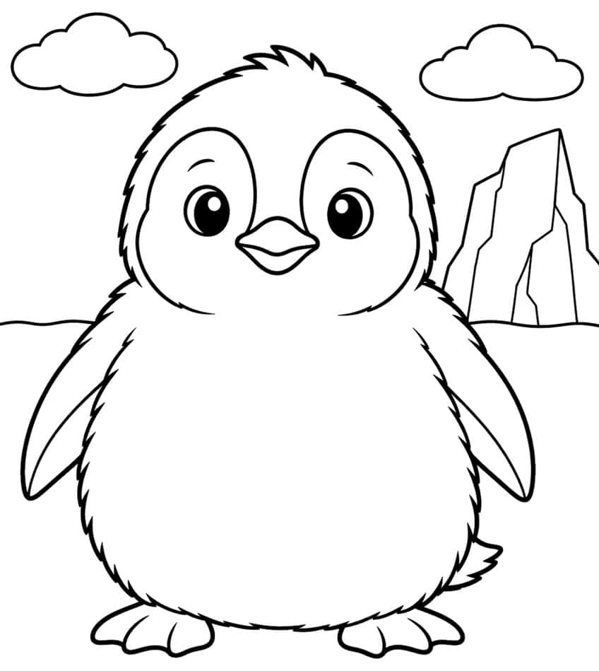 Cute cartoon baby penguin with big eyes, iceberg, and clouds