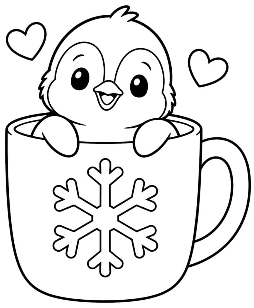 Cute baby penguin sitting inside a mug with a snowflake and hearts