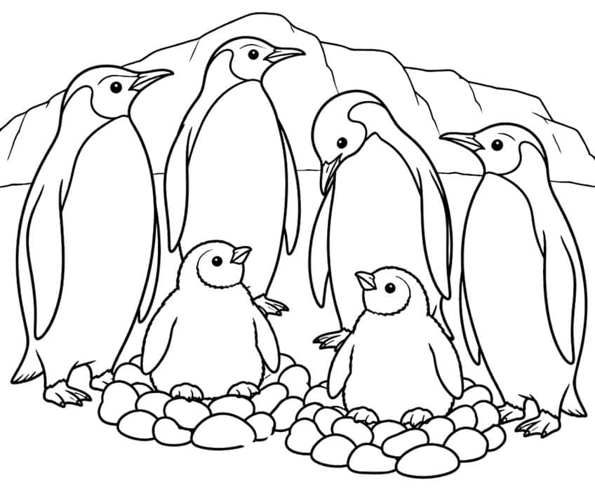 Four adult penguins and two chicks standing on rocks by an iceberg