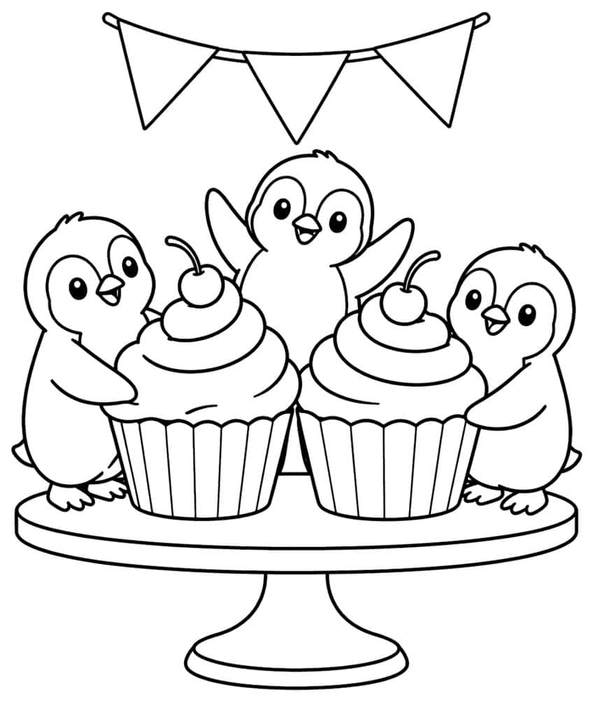 Three cartoon penguins hugging two cherry-topped cupcakes on a cake stand with a bunting banner