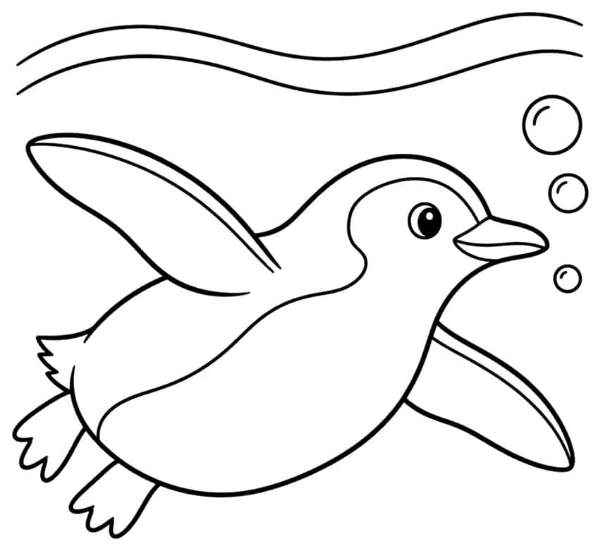 Penguin coloring page swimming underwater with bubbles and wave lines