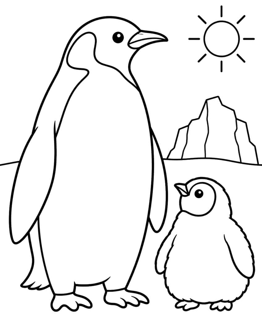 Adult emperor penguin and chick standing together near an iceberg under a sun