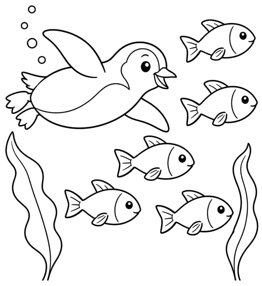 Swimming penguin, five fish, bubbles, and two seaweed fronds