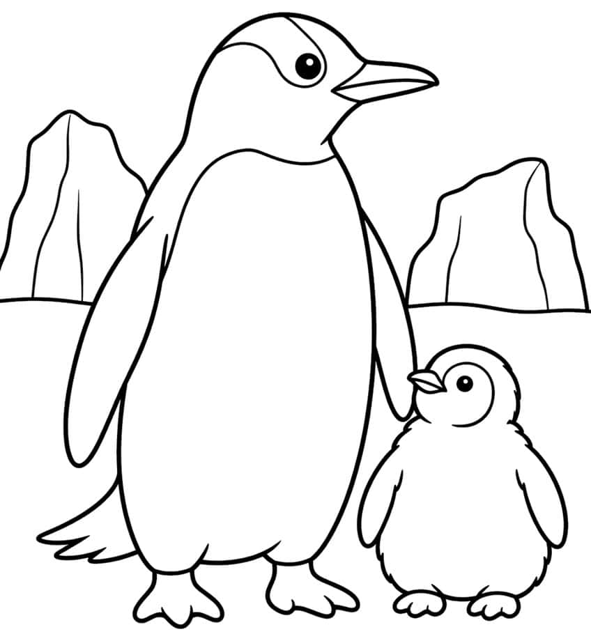 Adult penguin with eye stripe beside a fluffy chick, two icebergs behind them