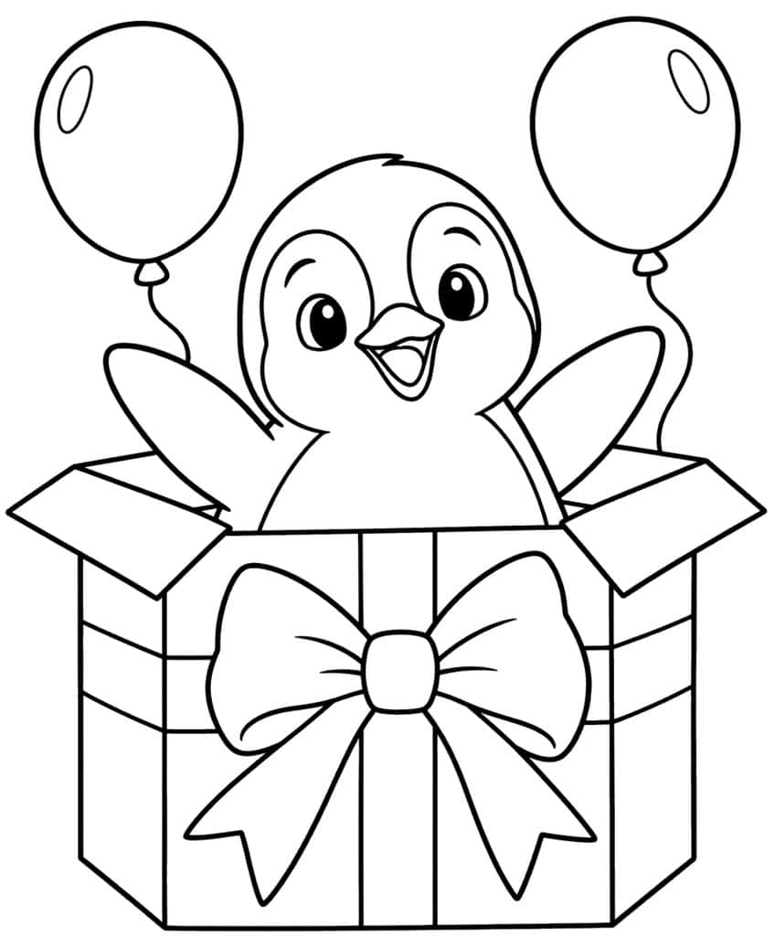 Penguin popping out of a bow-tied gift box with two balloons