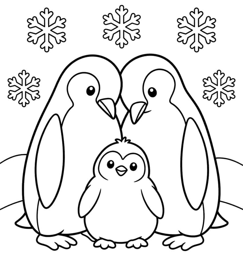 Two adult penguins and a chick huddled together surrounded by snowflakes