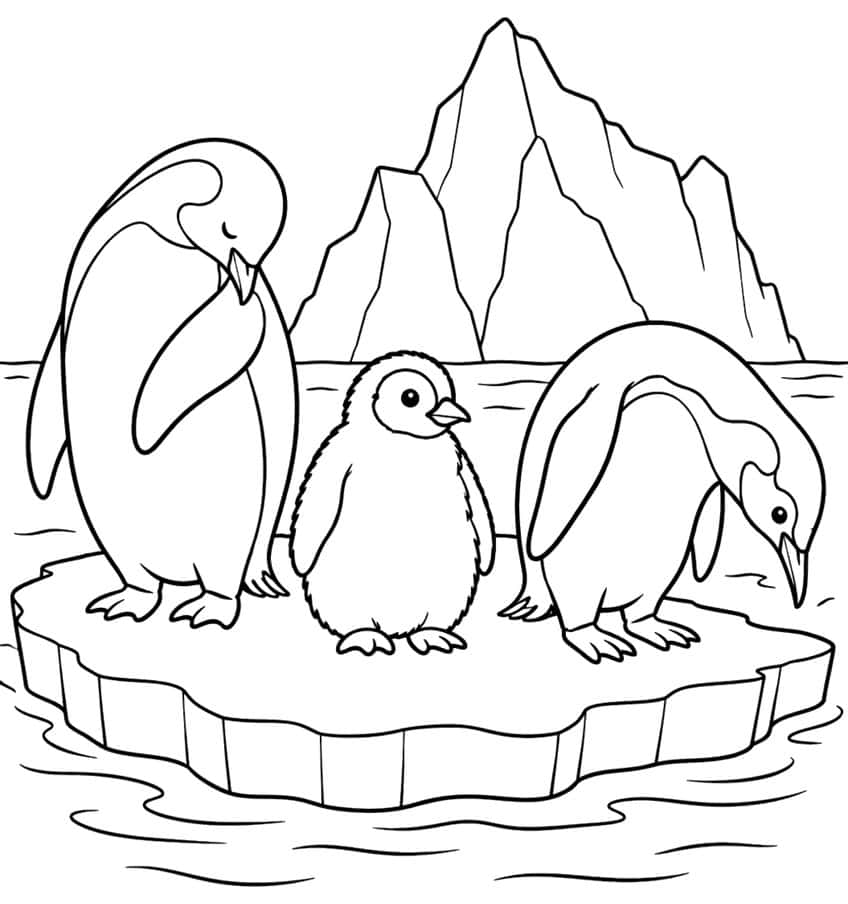 Two adult penguins and a chick on an ice floe with icebergs behind