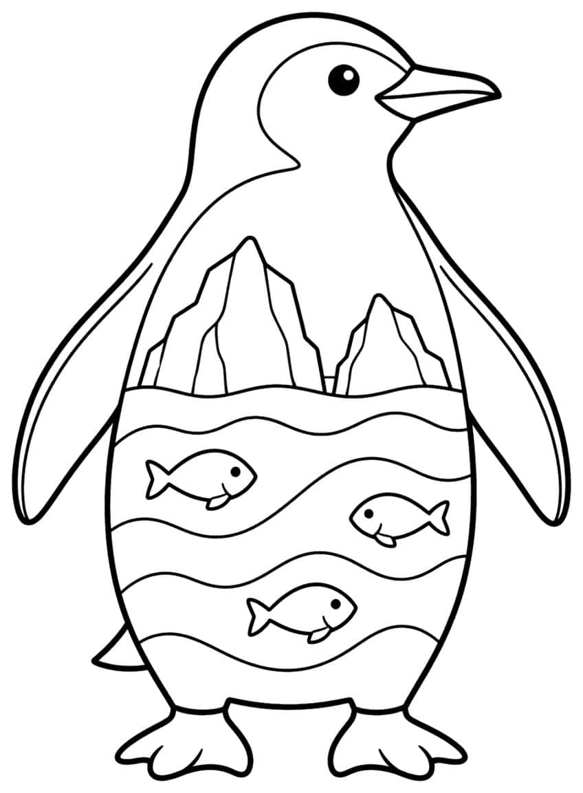 Standing penguin with iceberg peaks and three fish inside its belly outline