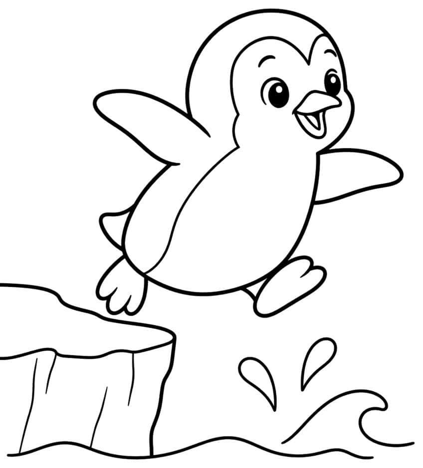 Cartoon penguin jumping from an ice ledge into splashing water