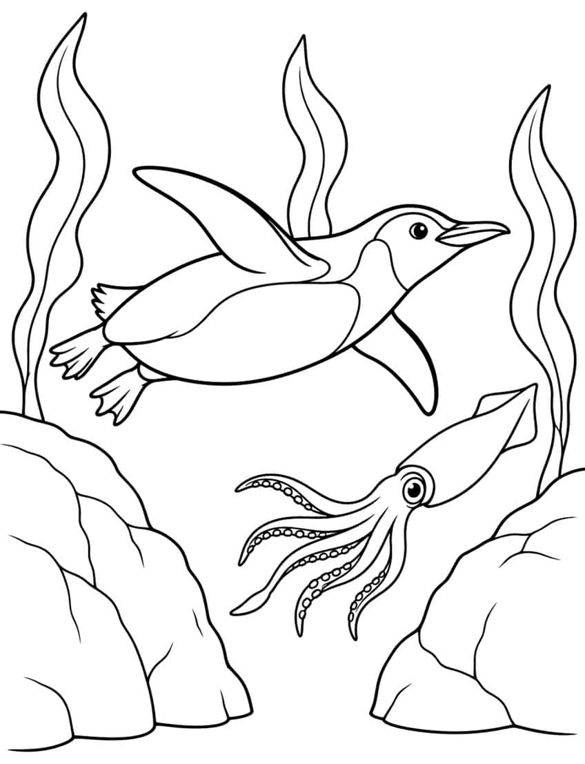 Penguin swimming underwater near a squid, kelp fronds and rocks
