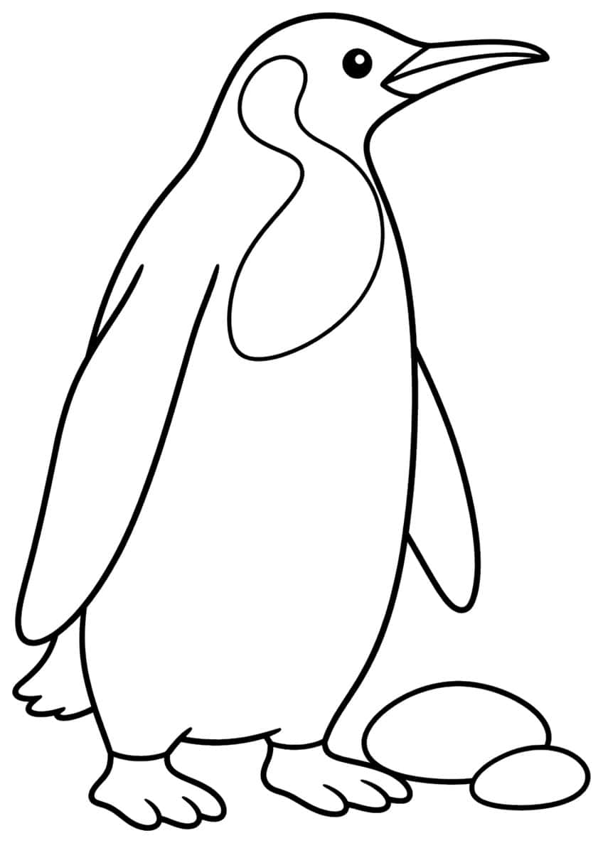 King penguin standing beside two rounded stones, simple outline drawing