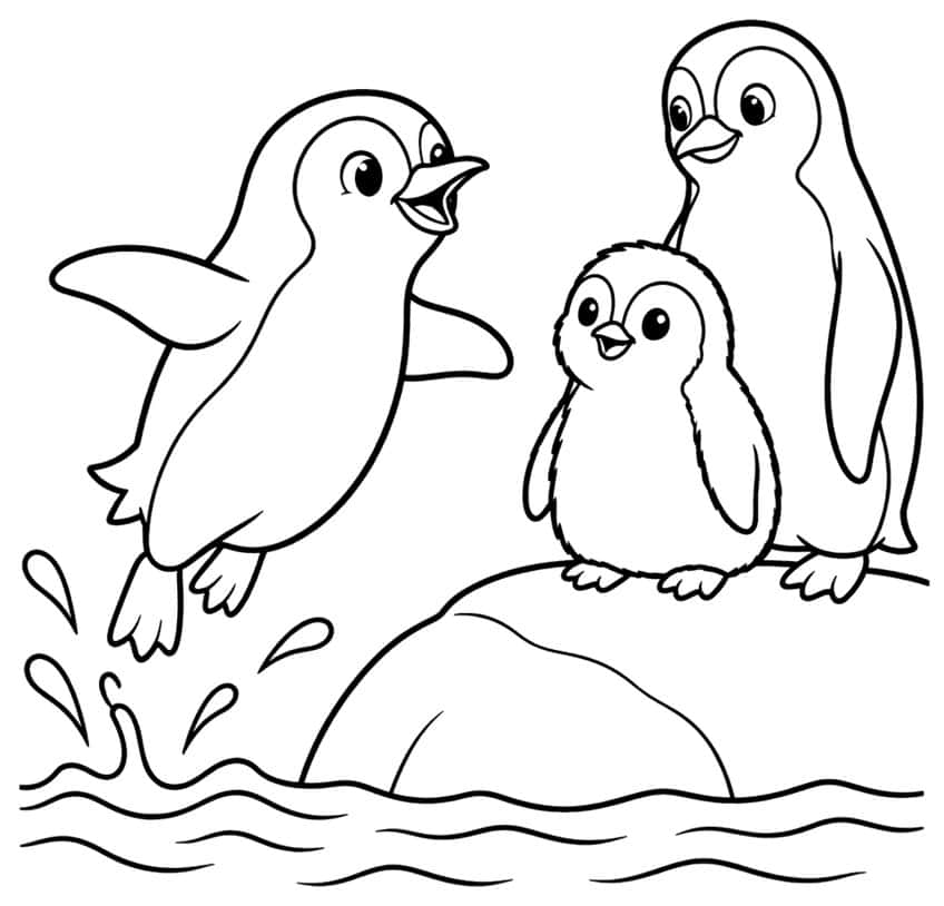Three cartoon penguins, one jumping, two on a rock, by wavy water with splashes