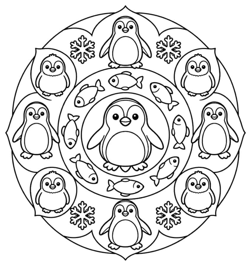 Mandala coloring page with center penguin, ring of fish, eight penguins and snowflakes
