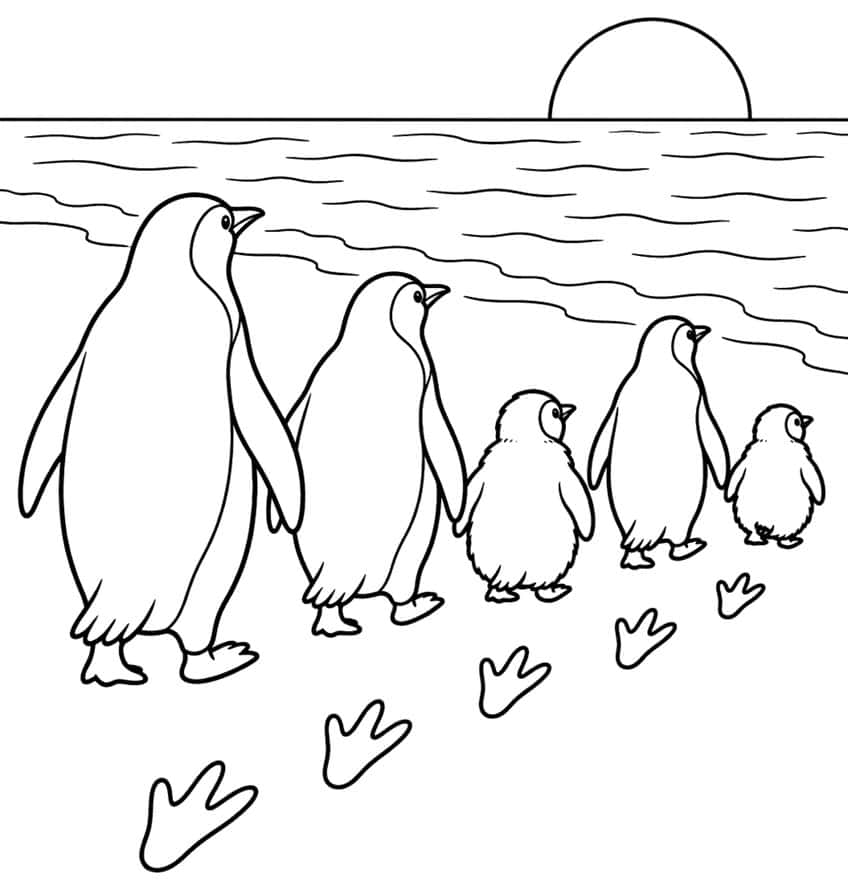 Line of five penguins walking toward the ocean with footprints and a setting sun