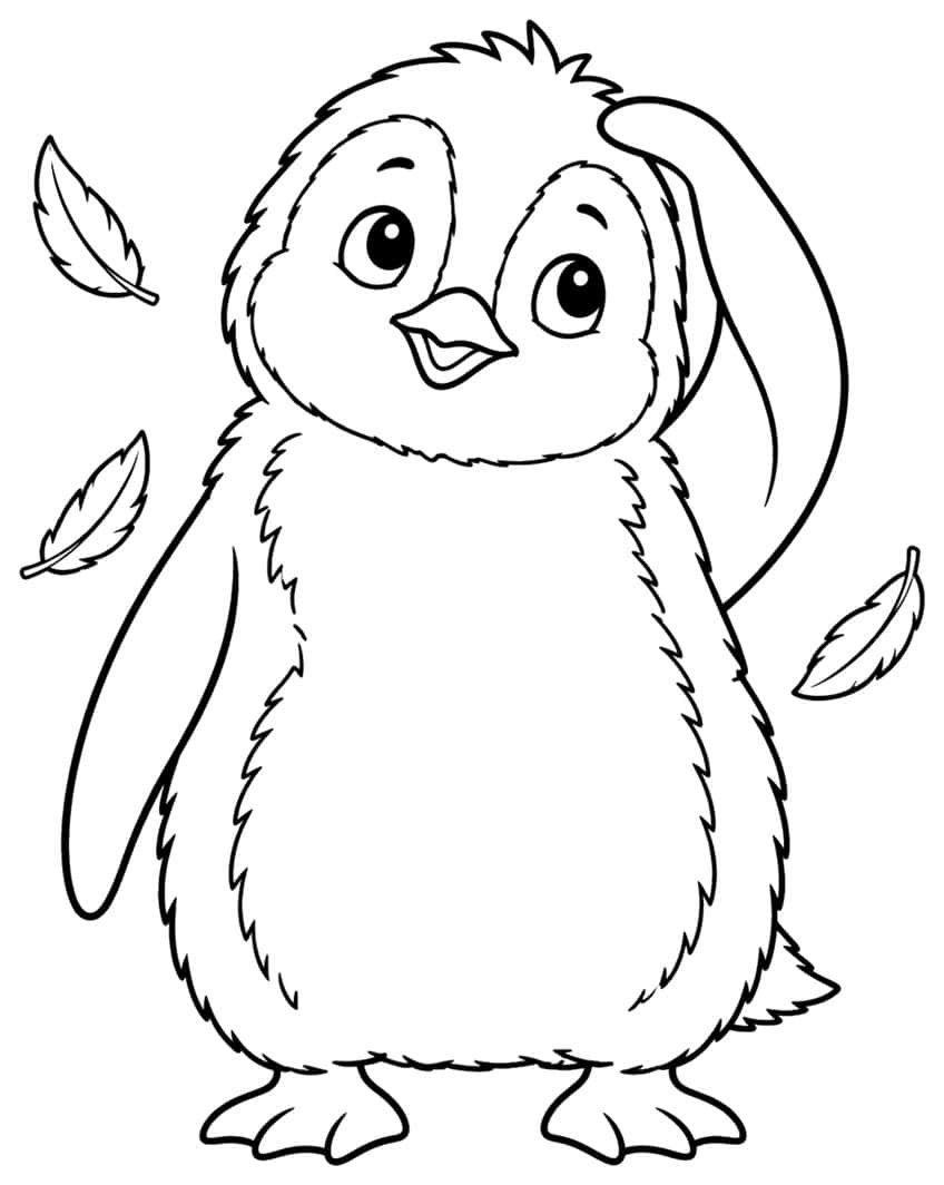 Cartoon penguin with ruffled feathers and three floating feathers beside it