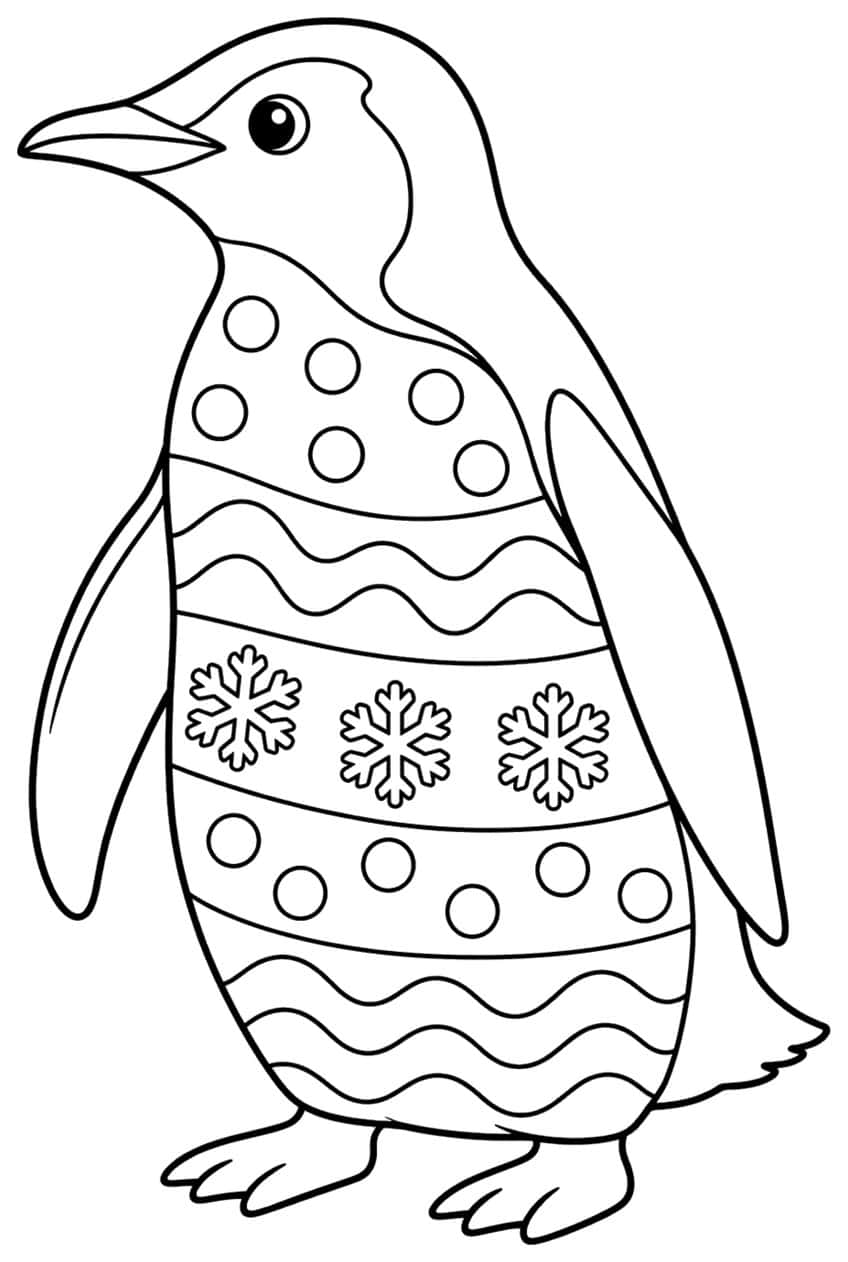 Standing penguin with striped, dotted and snowflake pattern on its belly