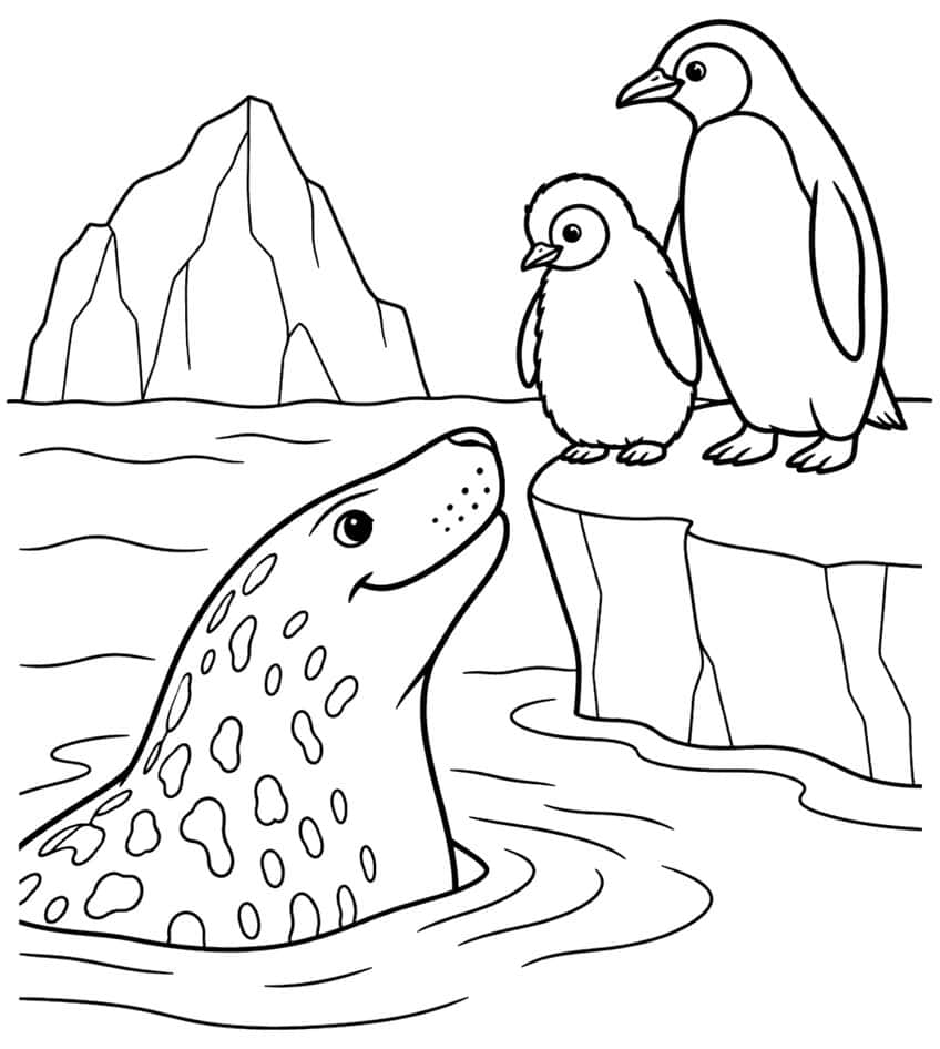Spotted leopard seal in water facing two penguins on an ice ledge, iceberg behind