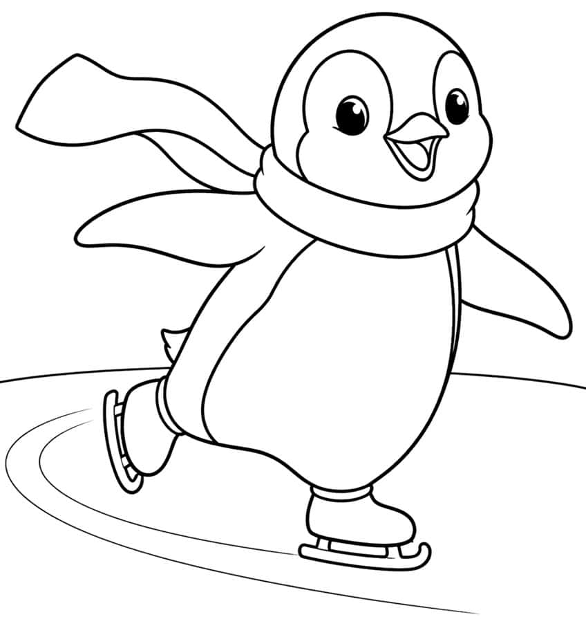 Cartoon penguin ice skating with a flowing scarf and skate-mark swirls