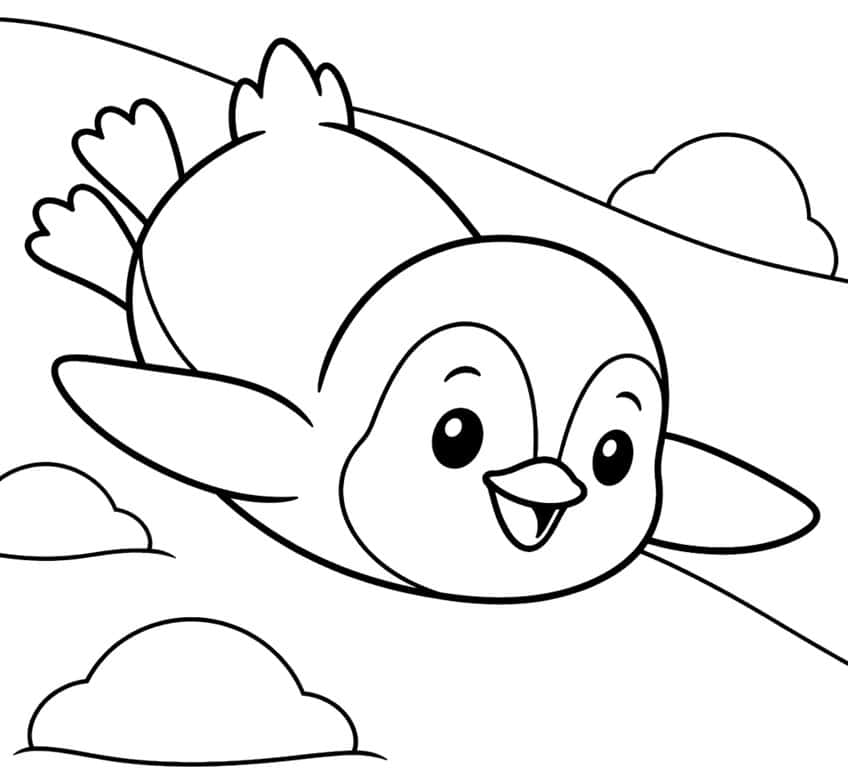 Cartoon penguin sliding downhill on its belly with clouds around it