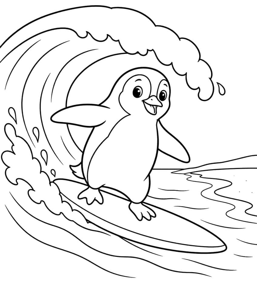 Cartoon penguin surfing on a surfboard inside a curling ocean wave