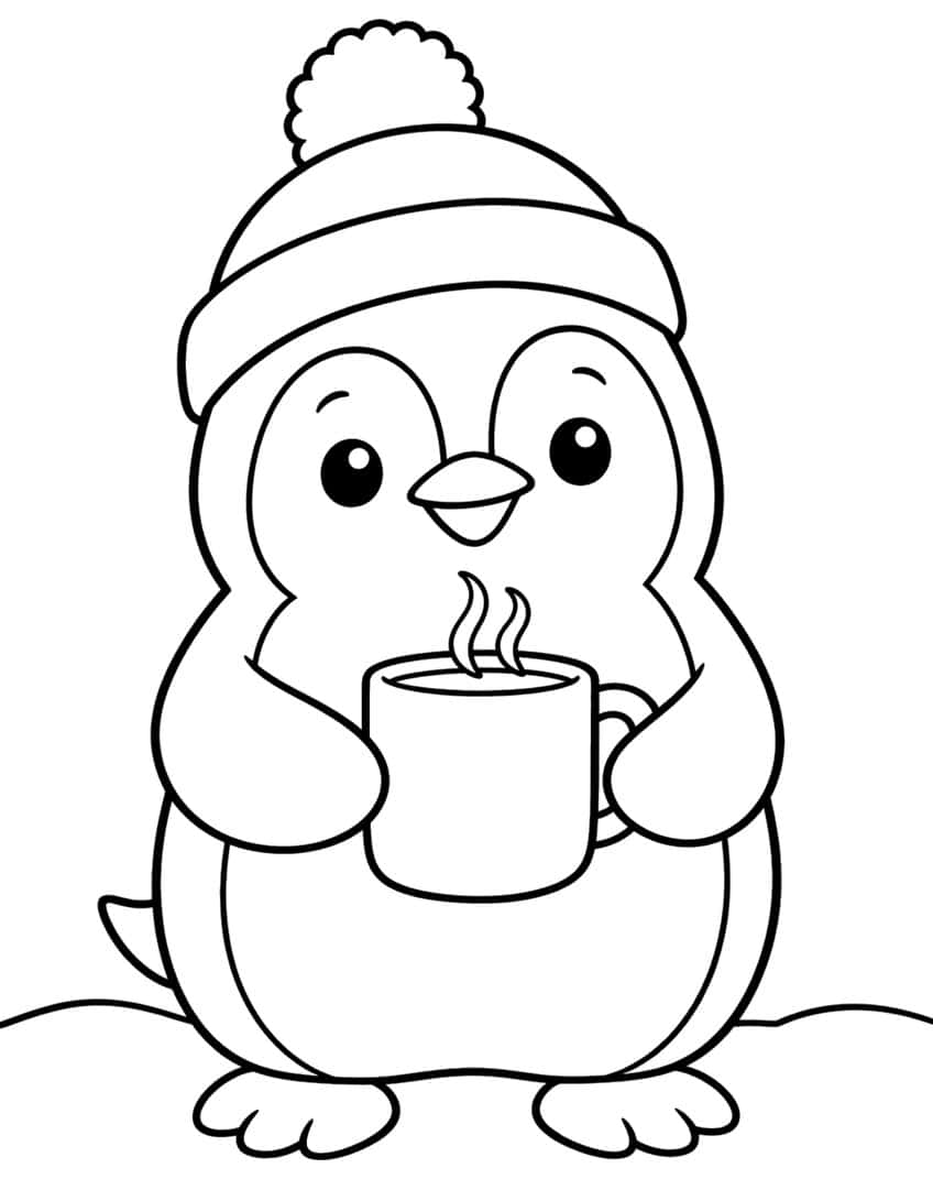 Cartoon penguin wearing a beanie holding a steaming mug on snow