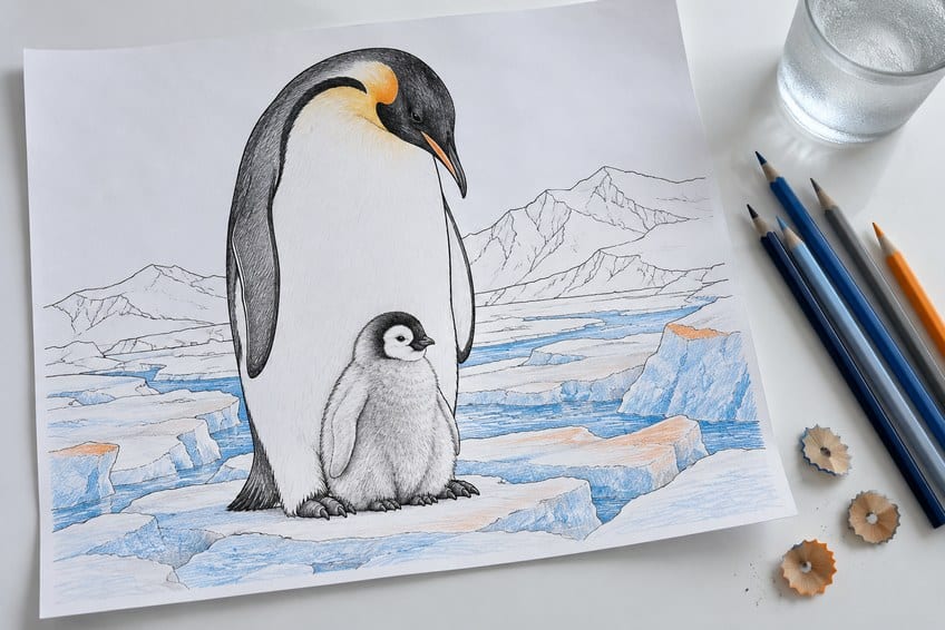 penguin coloring page partly colored in with pencils