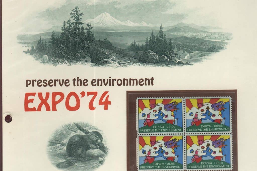 A sheet of 1974 U.S. Expo ’74 stamps repeats Peter Max’s colorful Cosmic Runner design and the words “Preserve the Environment.”