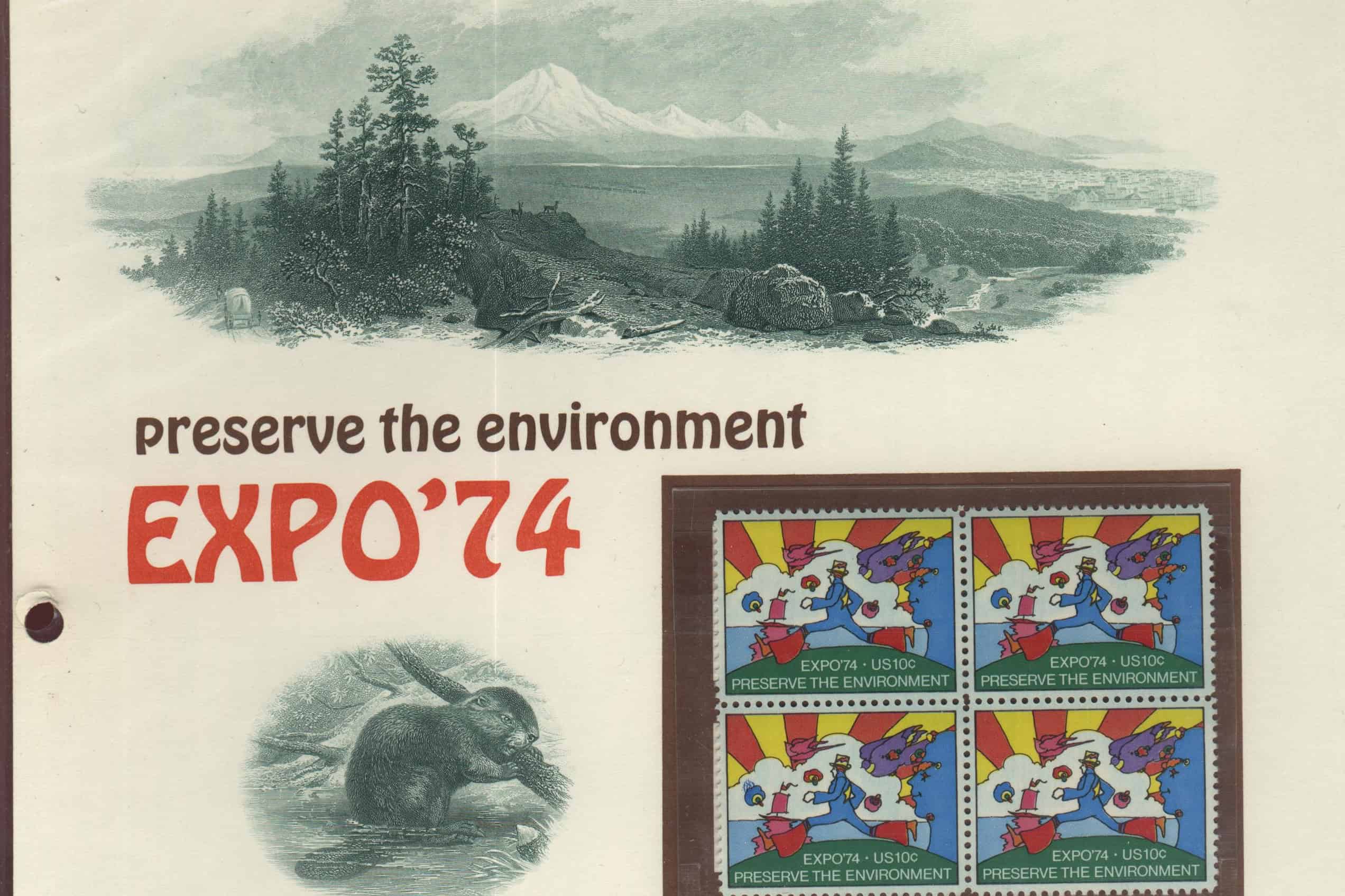 A sheet of 1974 U.S. Expo ’74 stamps repeats Peter Max’s colorful Cosmic Runner design and the words “Preserve the Environment.”