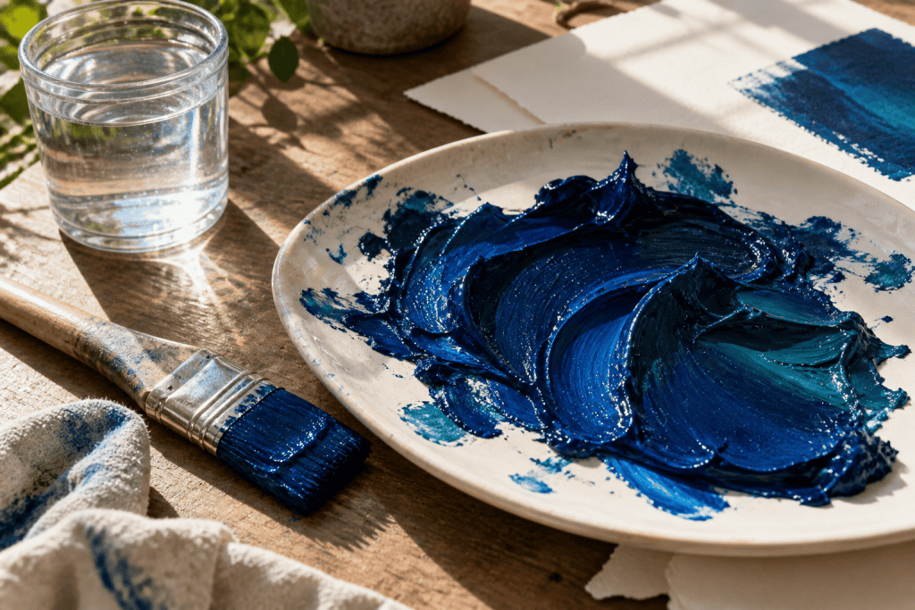 Intense blue paint on a studio palette beside a flat brush and water glass