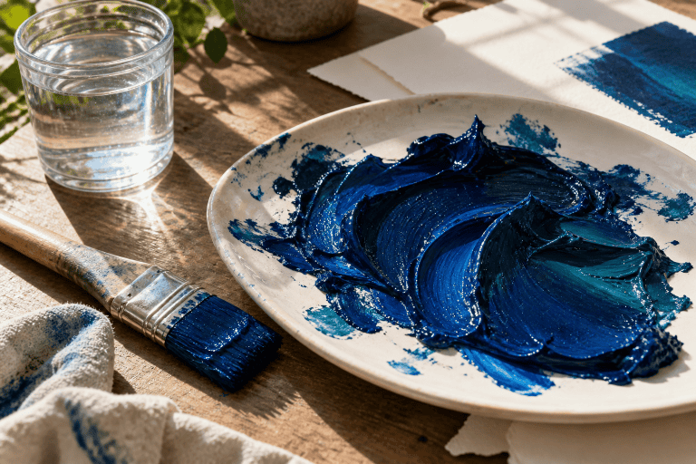 Intense blue paint on a studio palette beside a flat brush and water glass