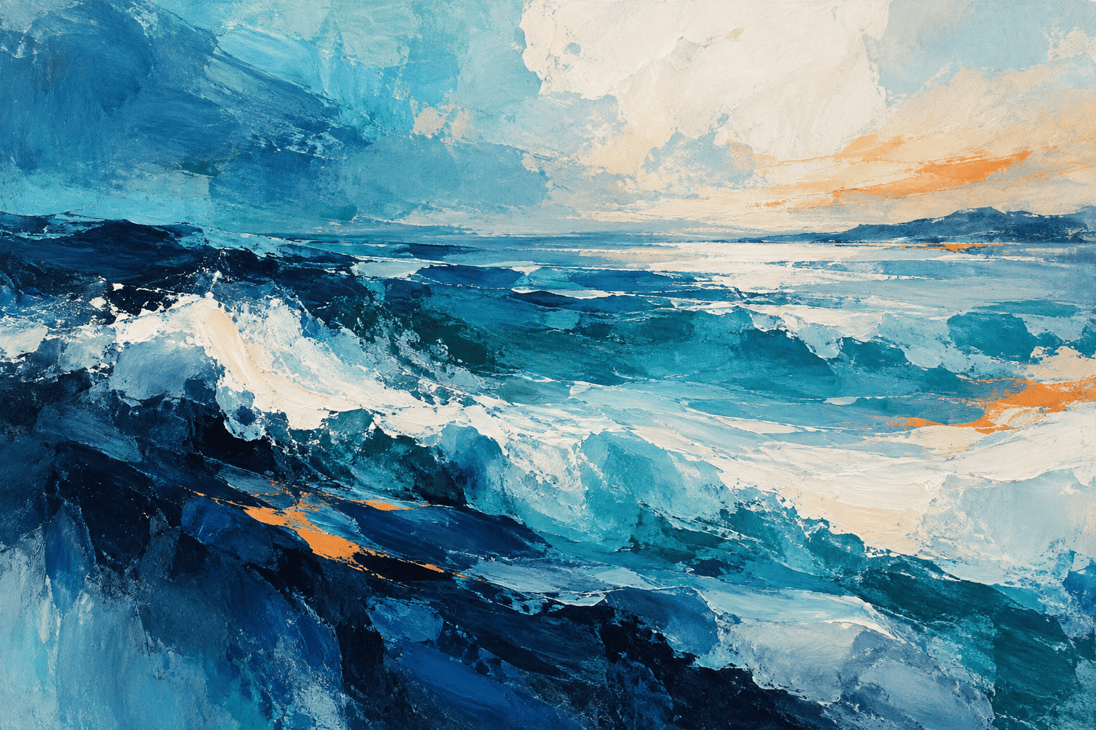 Original blue seascape color study with deep foreground, lighter distance, and restrained orange accents