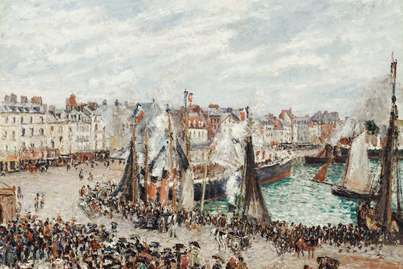 Pissarro’s 1902 view of the Dieppe fish market shows clustered roofs and figures beneath a gray morning sky.