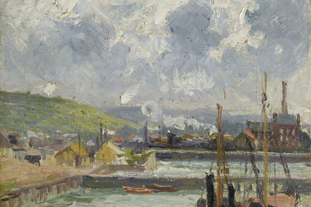 A 1902 Pissarro painting shows boats and buildings around Dieppe’s Duquesne basin beneath a pale gray sky.