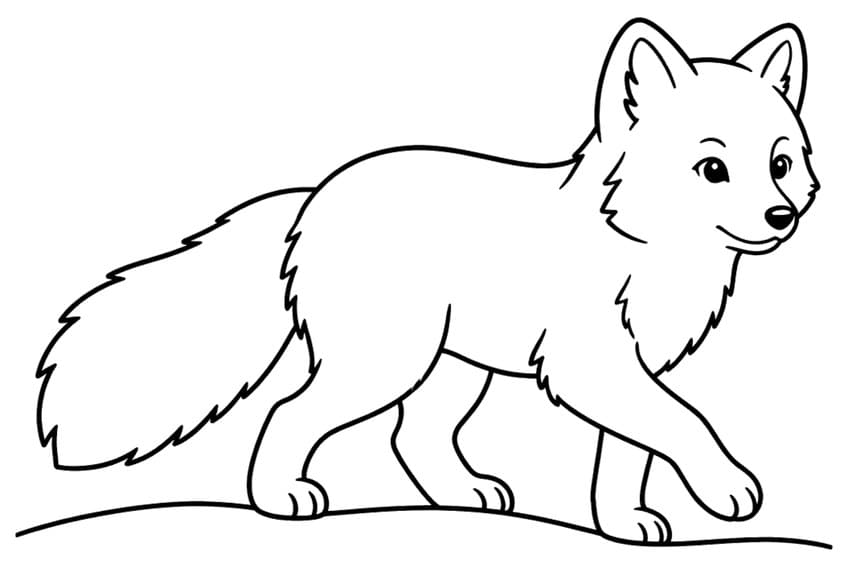 Arctic fox walking in profile with bushy tail and pointed ears on a curved snow line