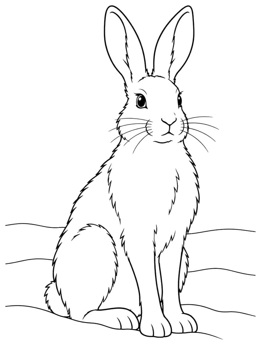 Arctic hare sitting upright with tall ears, whiskers and fluffy fur on a snowy ground