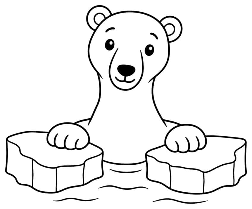 Polar bear head and paws rising between two ice blocks in wavy water