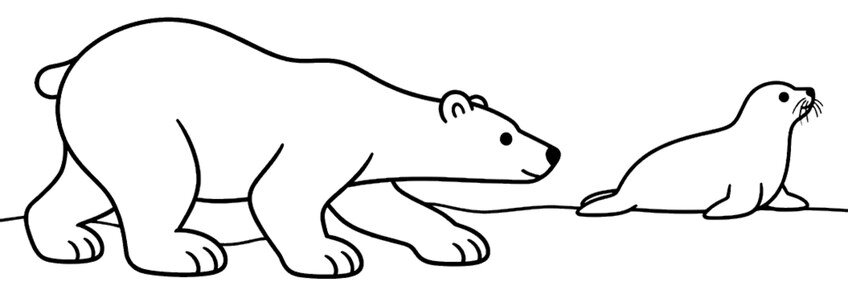 Polar bear creeping toward a seal resting on the ice, drawn in black outline
