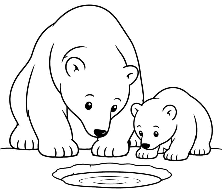 Mother polar bear and cub crouching beside a rippling ice hole