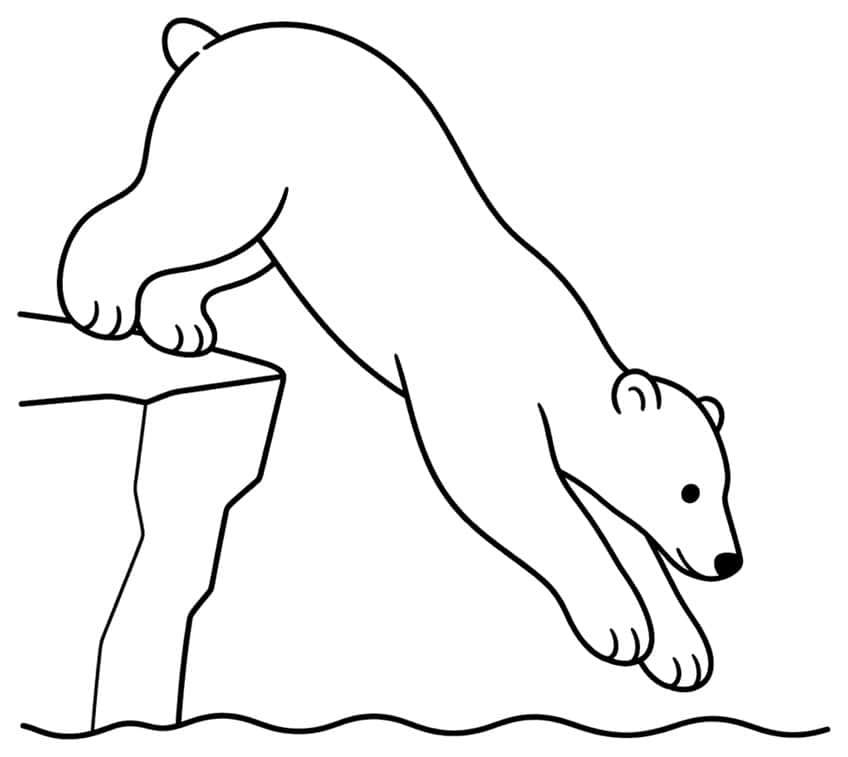 Polar bear diving headfirst off an ice cliff toward wavy water