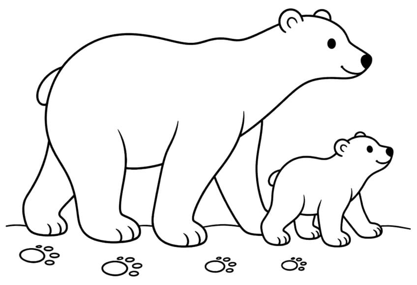 Mother polar bear walking with a small cub, with four paw prints in the snow below