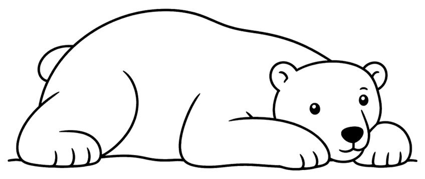 Large polar bear lying down with head on its paws, round ears, dark nose and smiling face