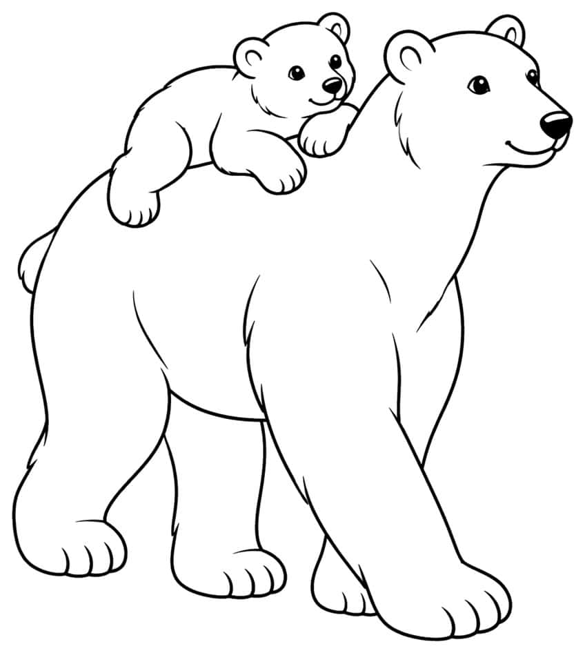 Large mother polar bear walking with a small cub lying on her back
