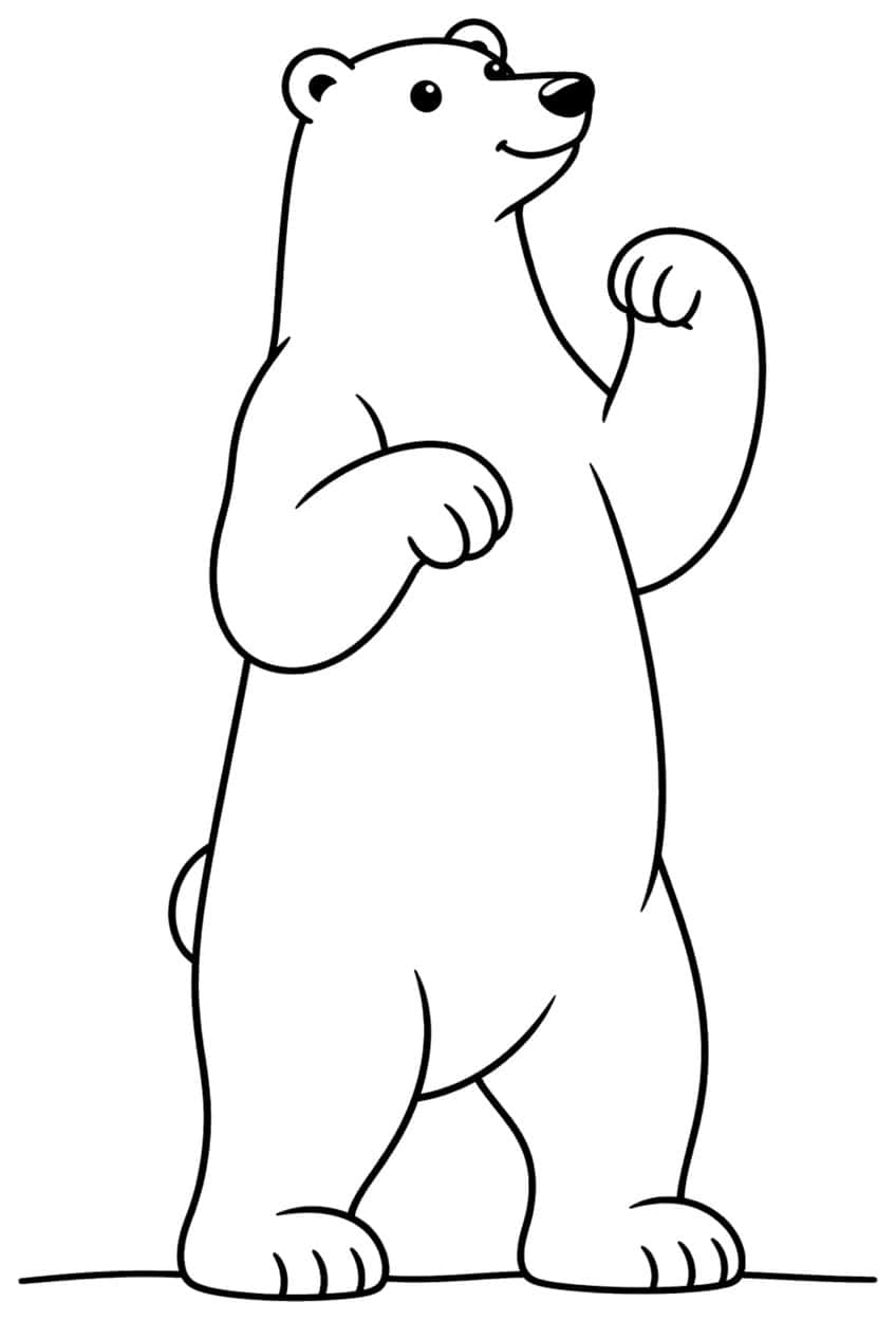 Polar bear standing upright with one paw raised, smiling, on a ground line