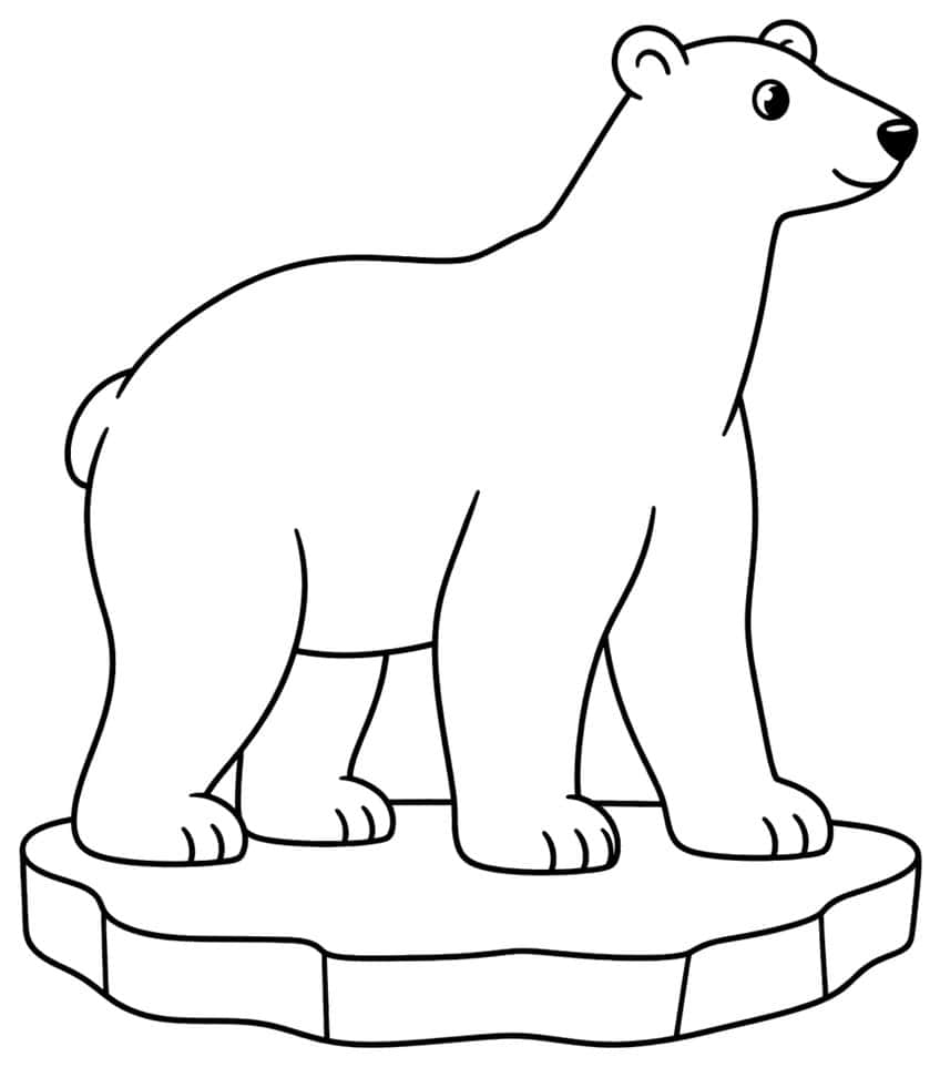 Side view of a smiling polar bear standing on a flat ice floe