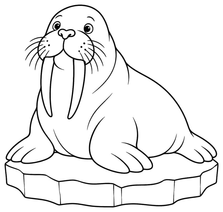 Large walrus with two tusks and whiskers sitting on a flat ice floe