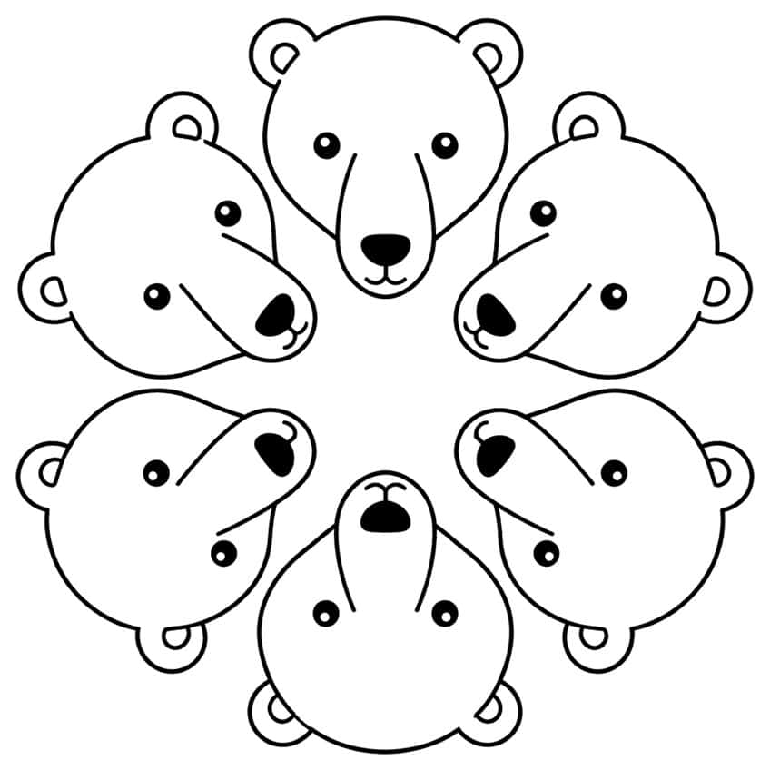 Six polar bear heads in a ring with round ears, dot eyes and black noses