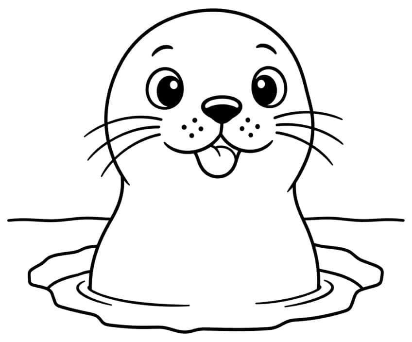 Smiling seal with whiskers and tongue out, rising from a hole in the ice with water ripples