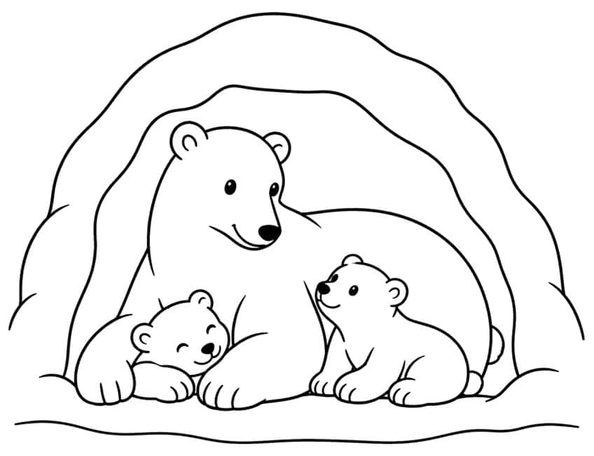 Mother polar bear with two cubs inside a rounded snow den